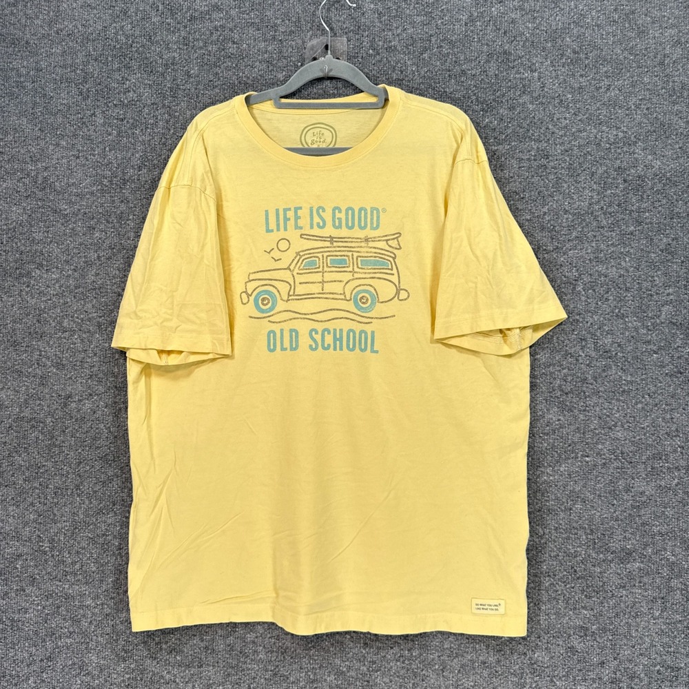 Life is Good Tshirt Mens Large Yellow Old School Woodie Wagon Surfboard Tee
